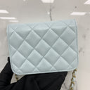 Chanel SLG Matelassé din piele de miel, mini poșetă cu lanț, albastru
