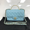 Chanel Turquoise Blue Leather Matelasse Lambskin 20Cm Mini Rectangle Rhinestones Top Handle