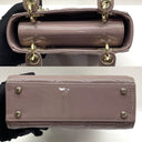 Mini geantă Lady Dior cu lanț, model cu clapetă, din piele lăcuită cu motiv Cannage, culoarea Pink Mauve, interior din piele întoarsă