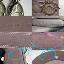 Mini geantă Lady Dior cu lanț, model cu clapetă, din piele lăcuită cu motiv Cannage, culoarea Pink Mauve, interior din piele întoarsă