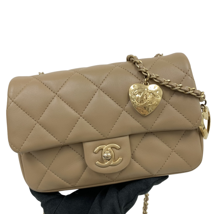 Chanel AS3457 Beige Lambskin Classic Flap Mini Rectangle - Heart Charm Microchip | Pre-Loved