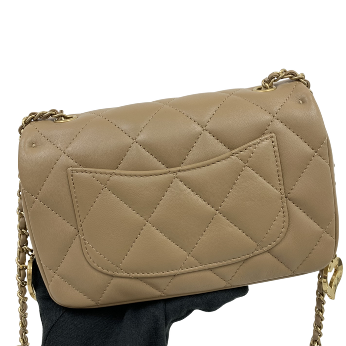 Chanel AS3457 Beige Lambskin Classic Flap Mini Rectangle - Heart Charm Microchip | Pre-Loved