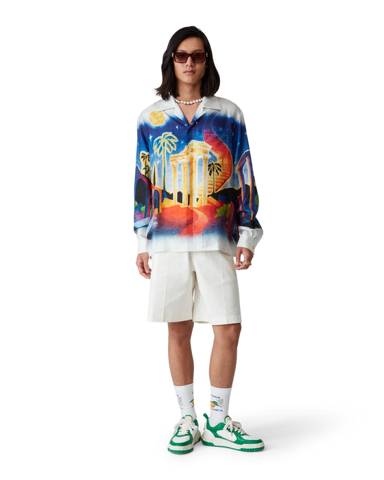 Casablanca Long Sleeve Cuban Collar Silk Shirt in Midnight Acropolis