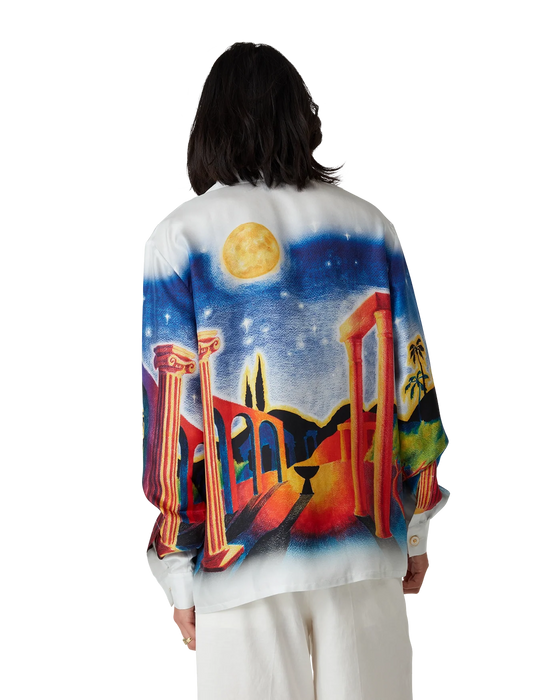 Casablanca Long Sleeve Cuban Collar Silk Shirt in Midnight Acropolis