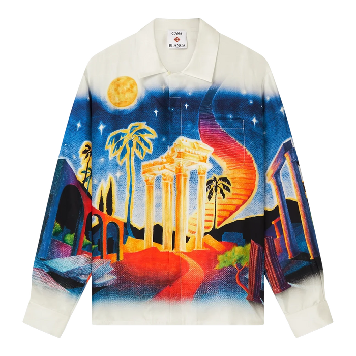 Casablanca Long Sleeve Cuban Collar Silk Shirt in Midnight Acropolis