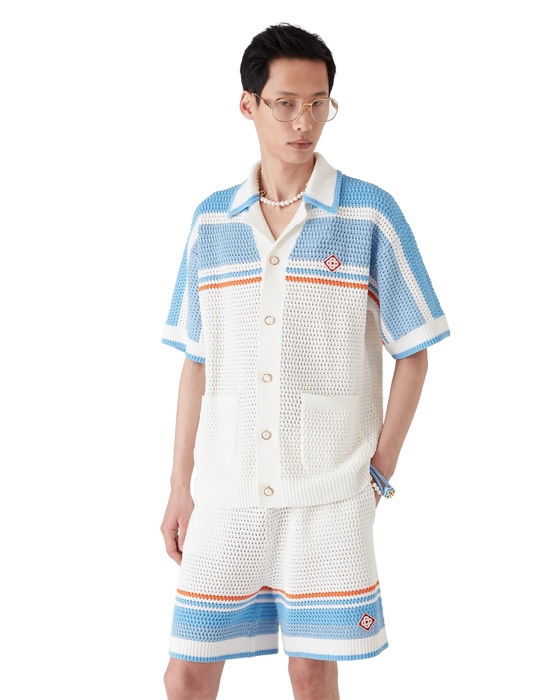 Casablanca Cotton Tennis Short-Sleeve Crochet Shirt Blue