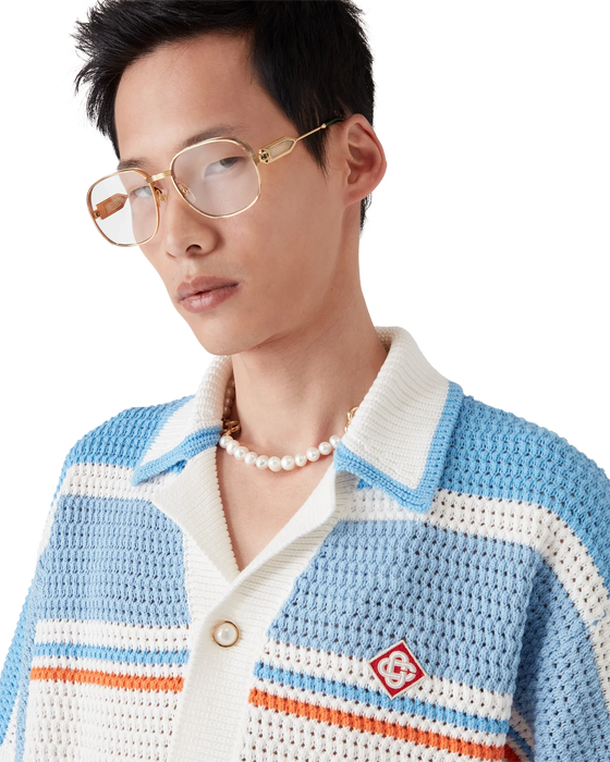 Casablanca Cotton Tennis Short-Sleeve Crochet Shirt Blue