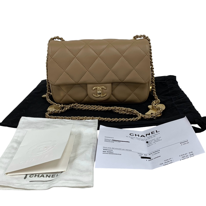 Chanel AS3457 Beige Lambskin Classic Flap Mini Rectangle - Heart Charm Microchip | Pre-Loved