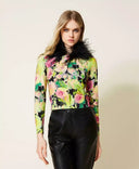 Twinset Floral Feather-Collar Cardigan Black/Neon