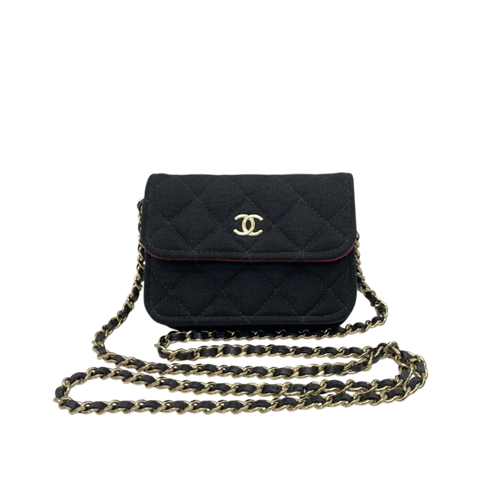 Chanel Matelassé Novelty Cotton/Jersey Mini Clutch on Chain Flap Black | Pre-Loved